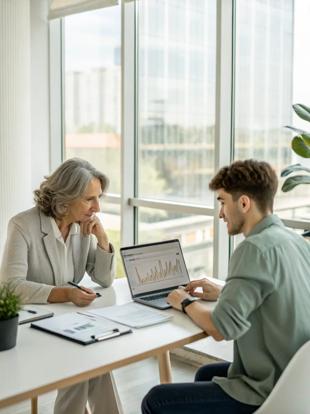 A consultant sitting with a client, reviewing financial documents and discussing personalized financing options.