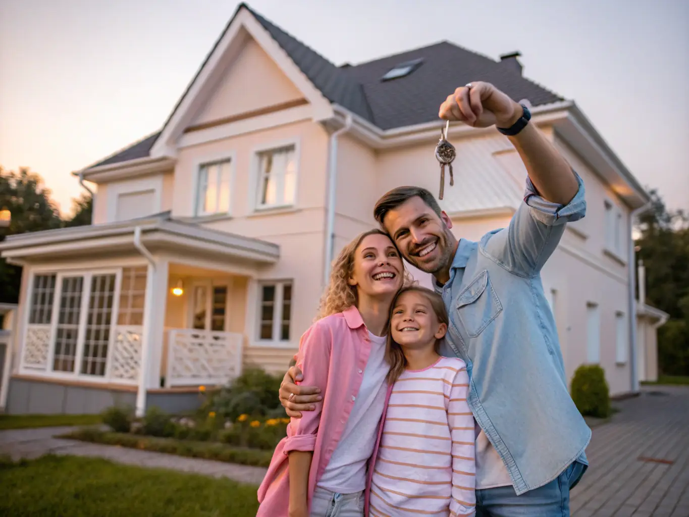 An image showing a family receiving keys to their new home, symbolizing the purchase of a property.