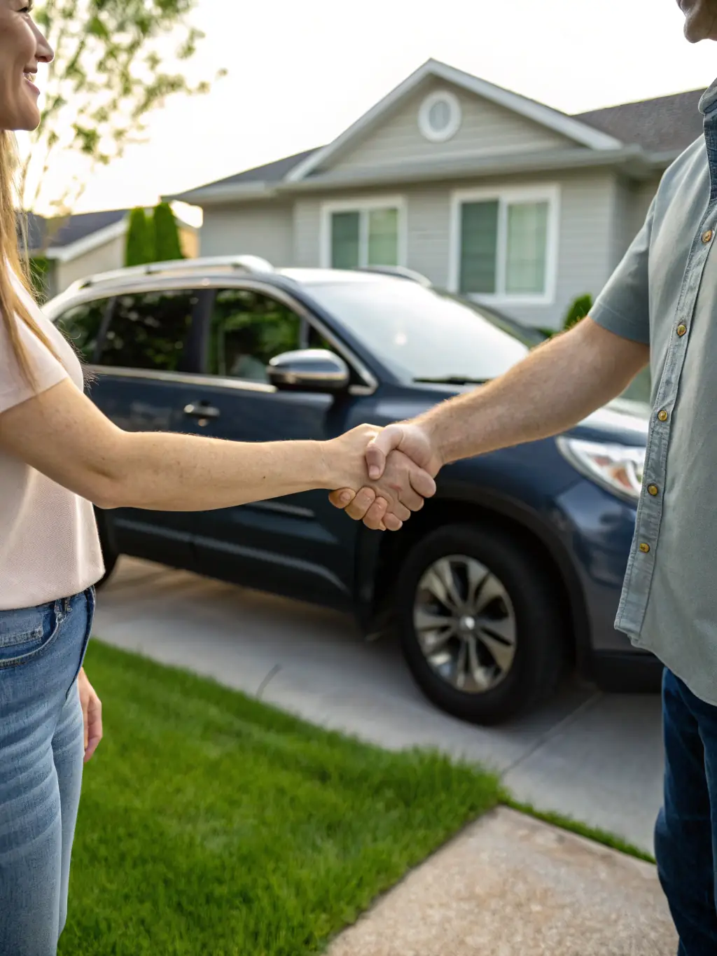 A handshake between a consultant and a client in front of a new home, symbolizing trust and successful partnerships.